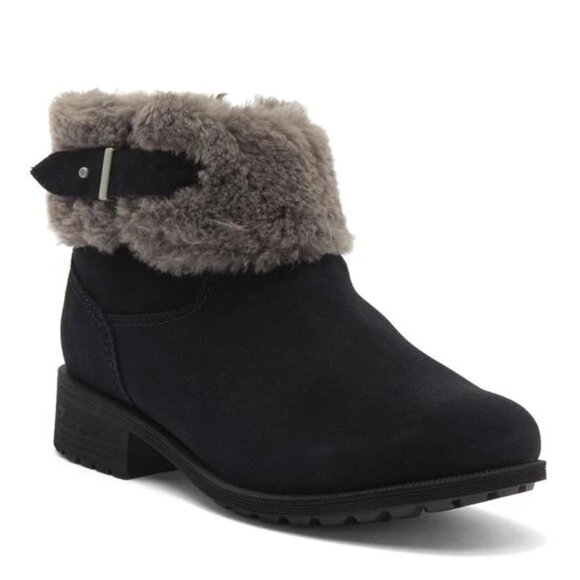 UGG Bodie Fur Cuff Belted Boots Suede Ankle Booties Black Size 10 NEW - Picture 1 of 8